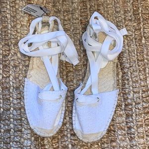 White linen espadrilles lace up ankle